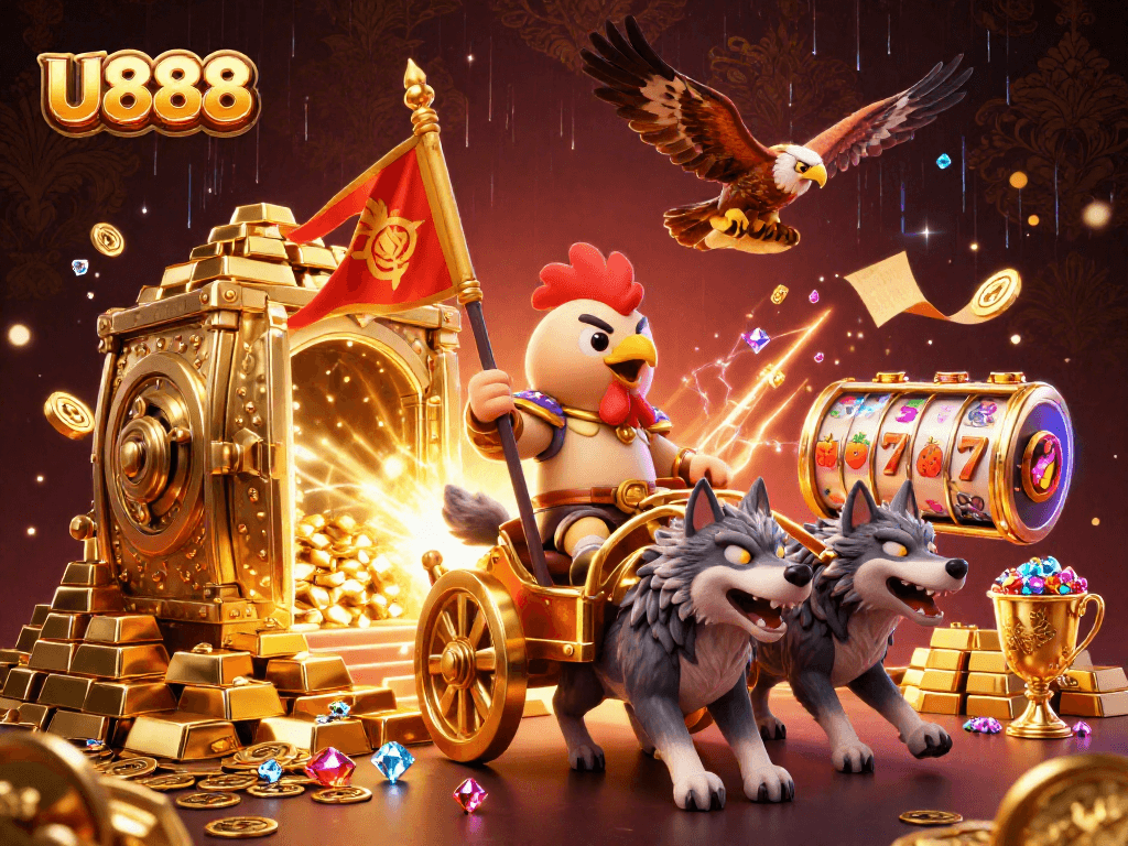 Engage with U888's thrilling jackpot adventure featuring a rooster warlord and dazzling treasures.