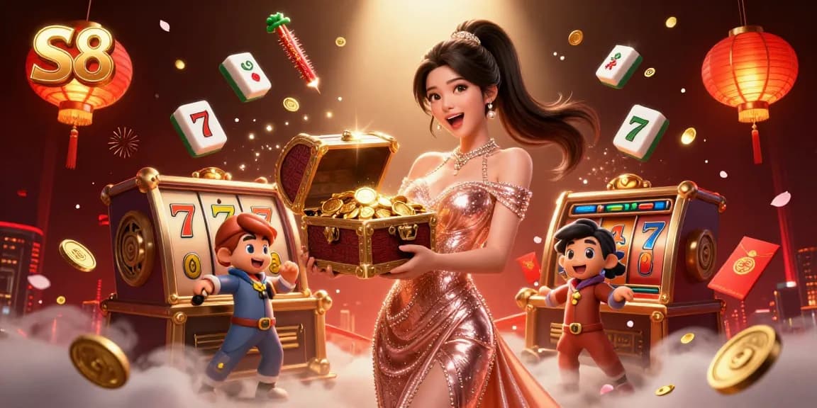 S8 users win big with dynamic slot machines and treasures in a vibrant casino atmosphere.