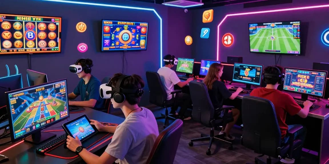 Players enjoying a dynamic gaming experience at 79club with colorful devices and animated visuals