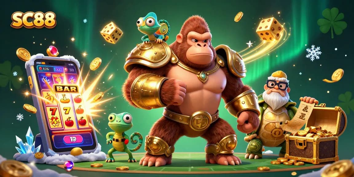 Experience SC88's vibrant casino action with a powerful gorilla and colorful characters amidst jackpot excitement.