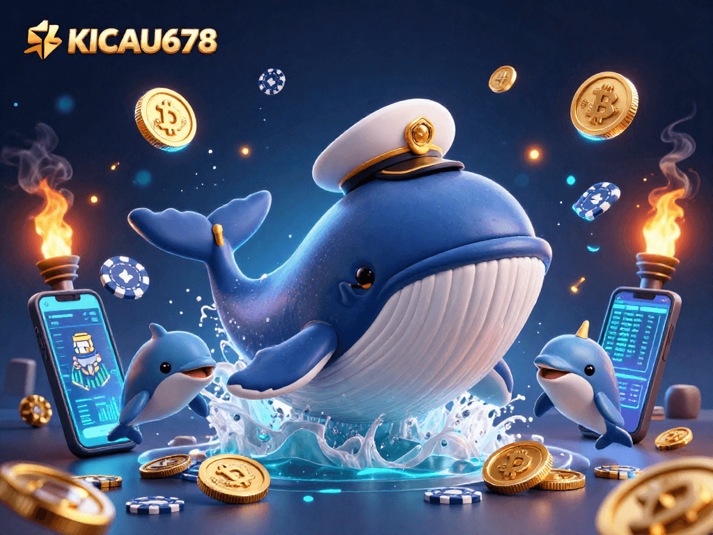 KICAU678 engages players with a captivating scene featuring a whale, narwhal, and dolphins amidst casino elements.