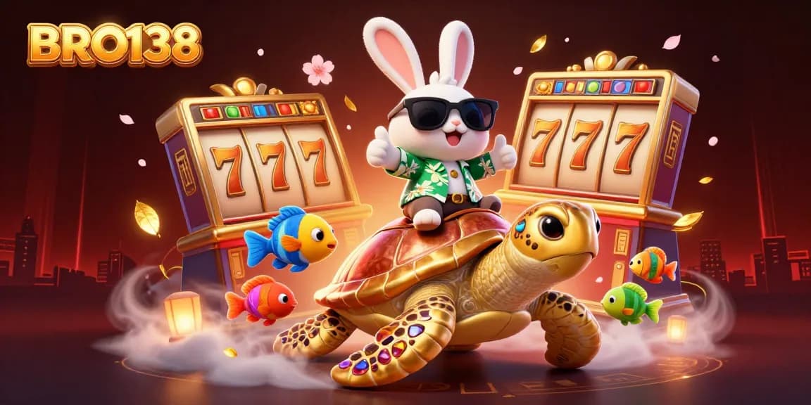 Play thrilling slots at BRO138 with a lucky rabbit and golden turtle in a vibrant casino scene