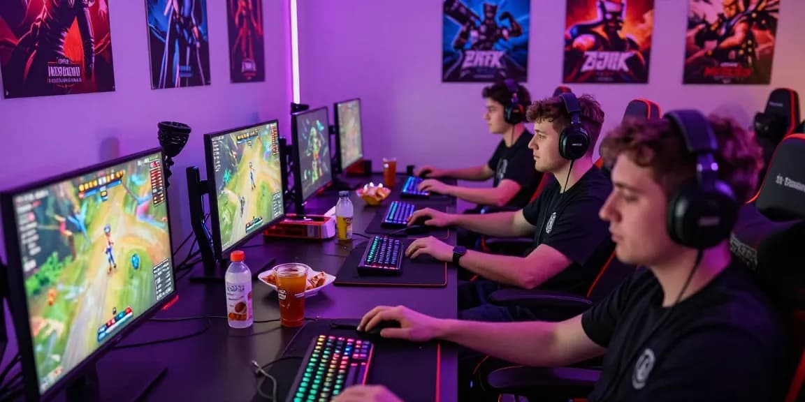 Gamer berkumpul memainkan game multipemain dengan link tantegacor88 terlihat di monitor mereka.