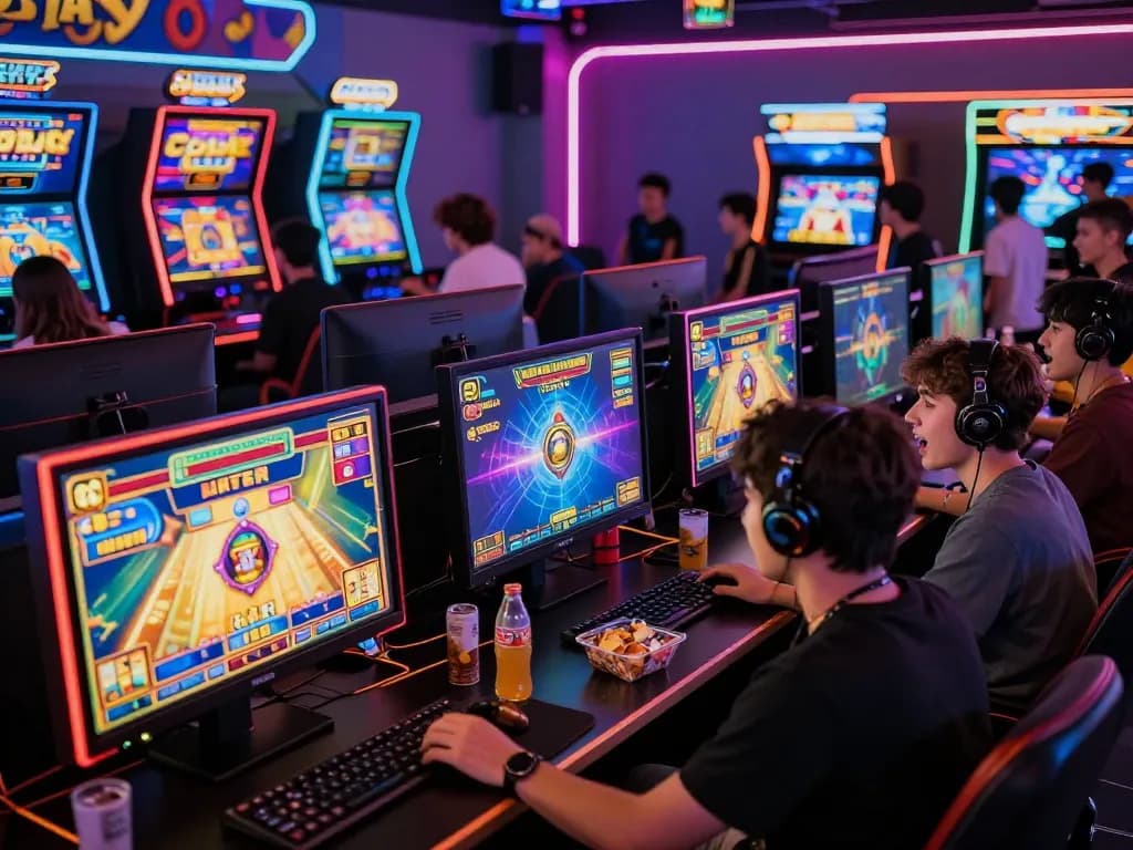 Exciting gameplay at vegasslot77 featuring players enjoying vibrant online slot games in a lively arcade.