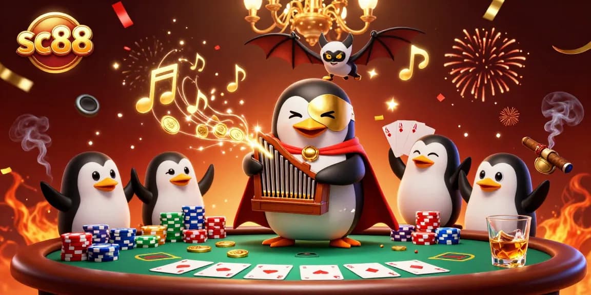 Experience the thrill of sc88 gaming with a whimsical 3D penguin organist in a vibrant casino setting.