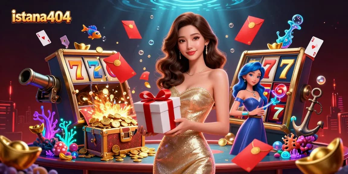 Spin to win with istana404's vibrant slot game atmosphere featuring golden coins and lucky symbols.