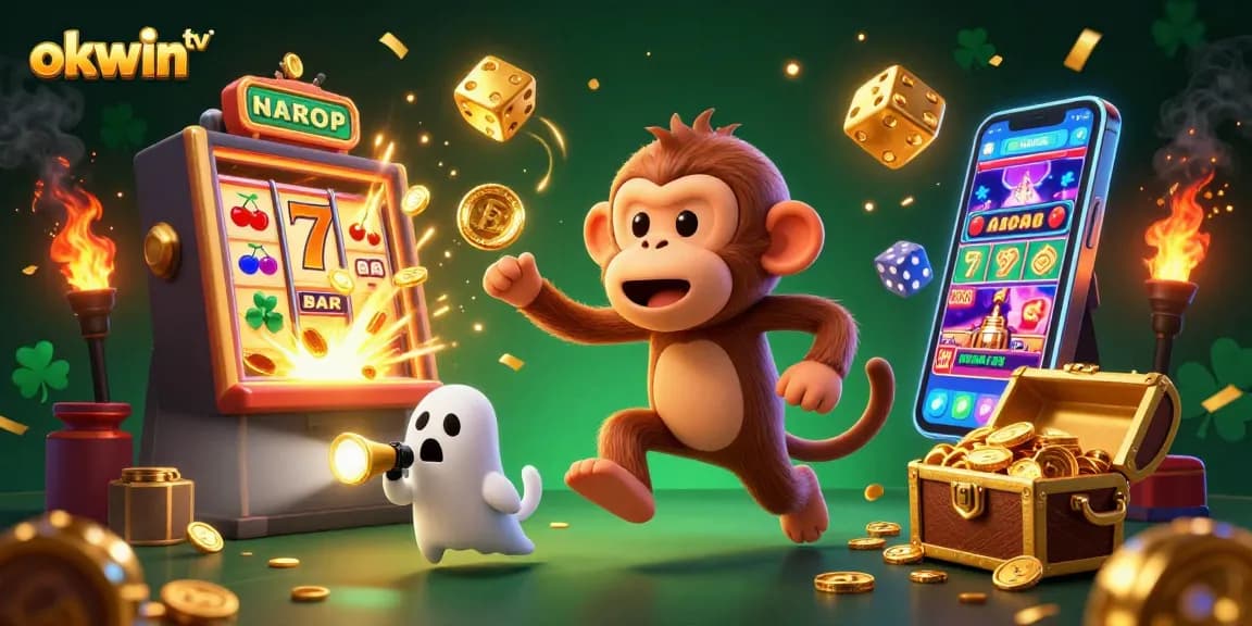 Experience thrilling action with okwin tv's vibrant casino scene illustrating a mischievous monkey juggling gold.
