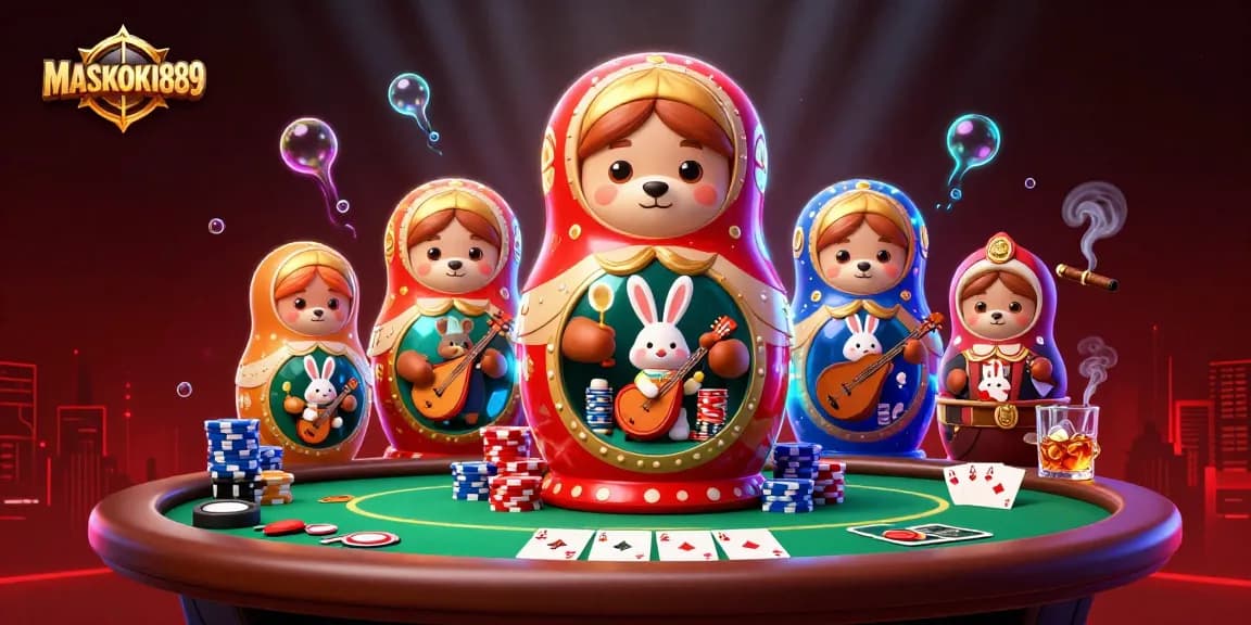 Experience MASKOKI889 with vibrant casino action, featuring 3D bears and poker elements.
