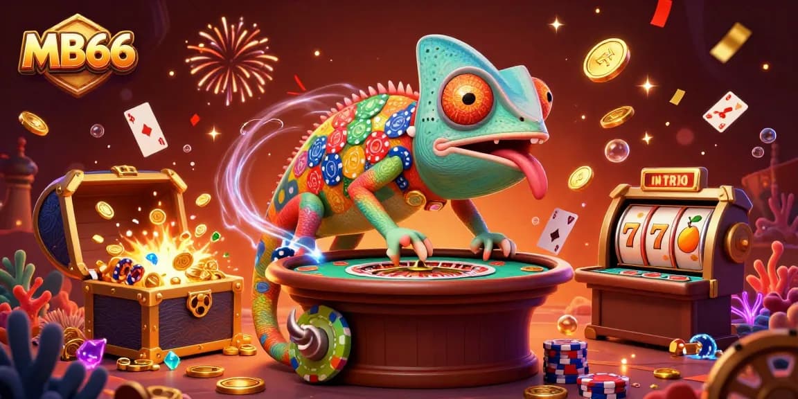 Engaging scene of MB66 casino featuring a vibrant chameleon owner amidst gold coins and colorful slot elements.