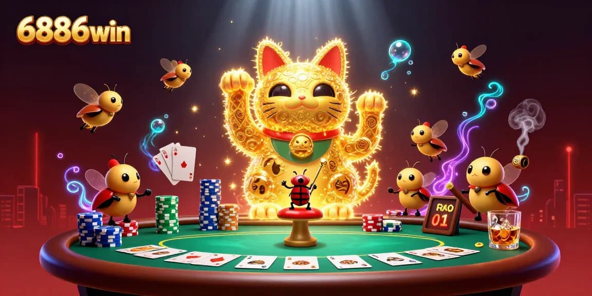 Experience the excitement of 6886win with a dynamic, vibrant casino scene featuring a giant lucky cat.