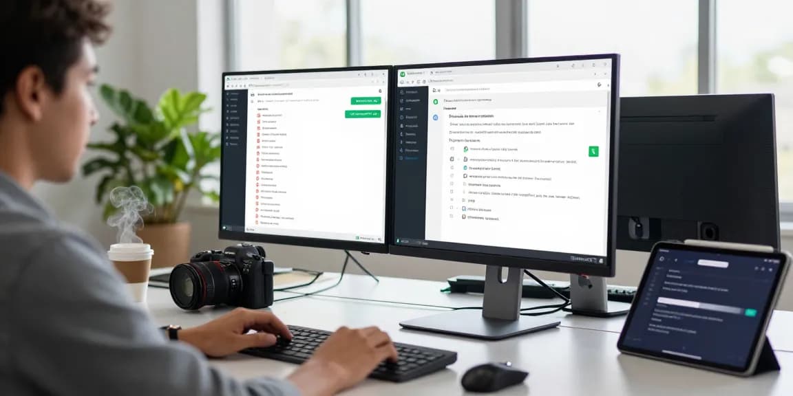 Using WhatsApp網頁版 on desktop, showcasing a vibrant tech workspace with dual screens, potted plants, and an inviting atmosphere.