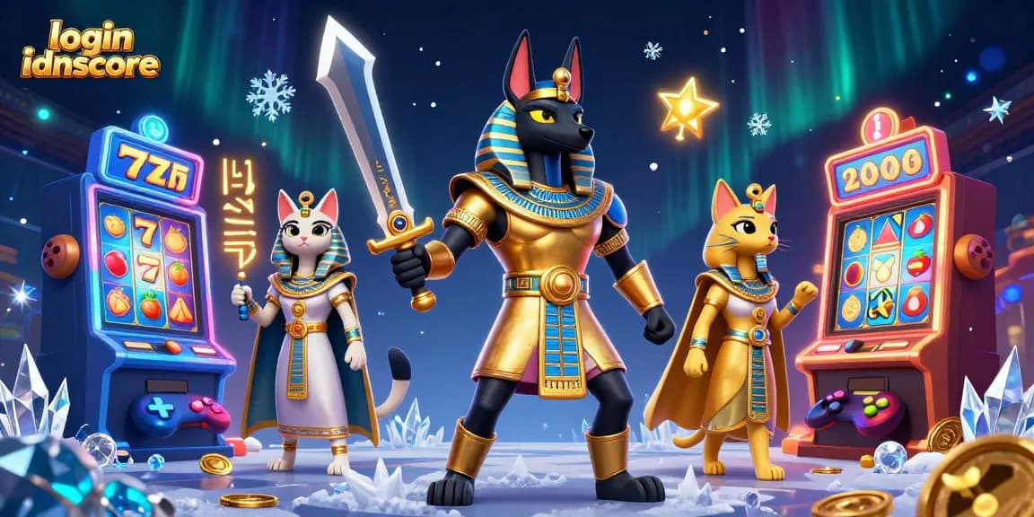 Experience the thrill of gaming with login idnscore featuring Anubis and Bastet among colorful slot machines.
