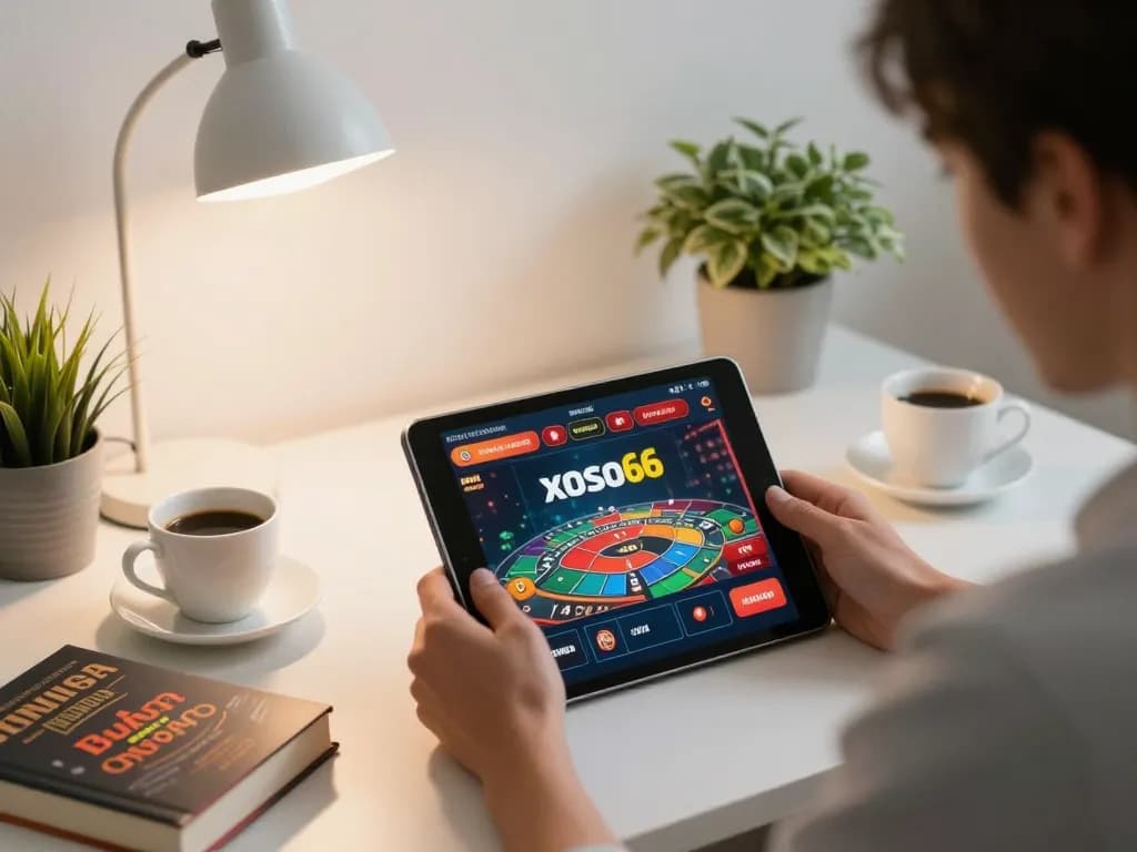 xoso66 user engaged in online casino gaming from a cozy home office