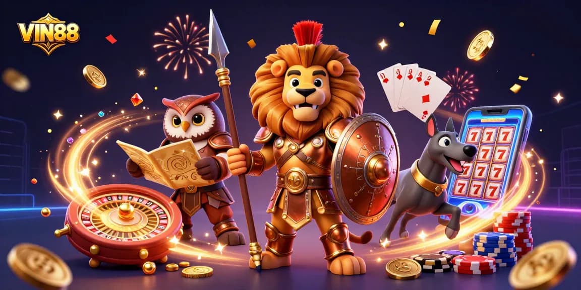 Win big with VIN88 in this vibrant 3D casino scene featuring iconic characters and exciting game elements.