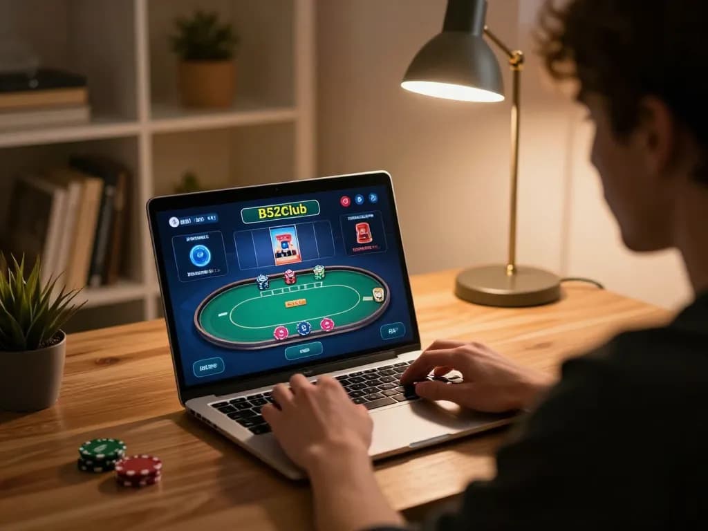 B52club online poker gameplay experience on a laptop in a cozy home setting