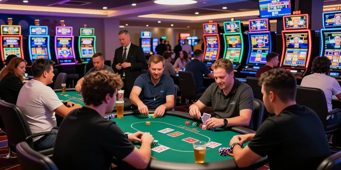 Engaged players enjoying slot poker at a vibrant casino table, with dynamic atmosphere and neon lights.