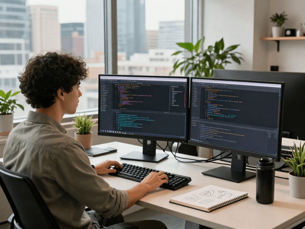 Espacio de trabajo técnico con desarrollador usando Immediate Edge en un entorno moderno y luminoso.