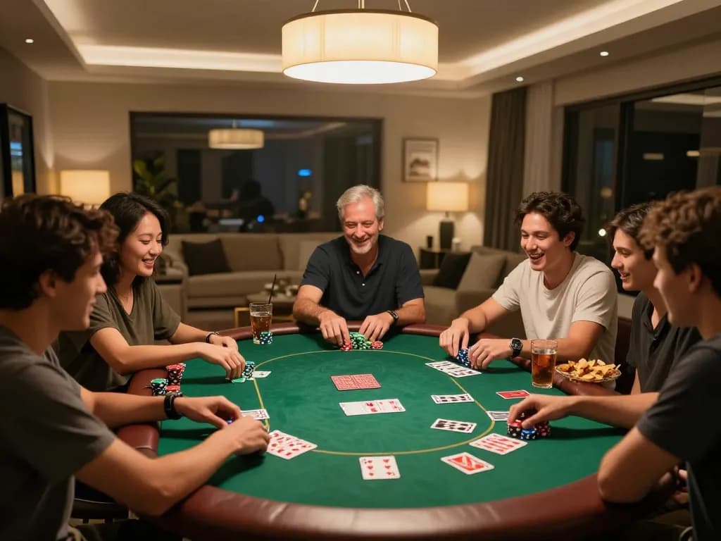Fun88 poker game night with friends, colorful chips and cards showcasing a lively atmosphere.
