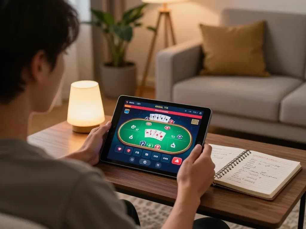 KADAL 778 online gaming session in a cozy home environment with poker gameplay on tablet