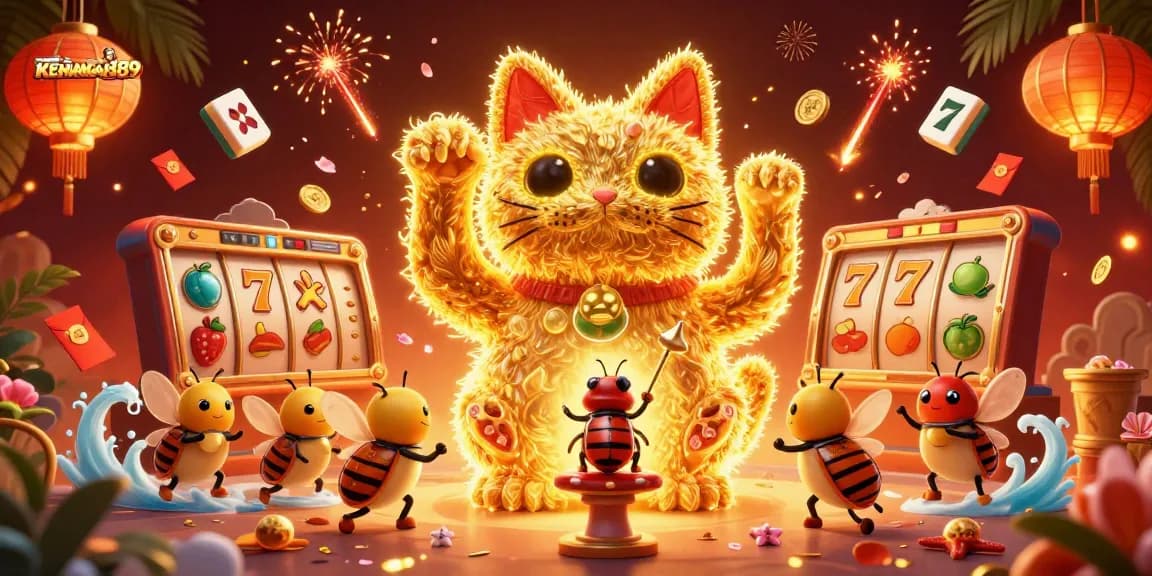 KENANGAN889 showcases a vibrant lucky cat animation with casino symbols, enhancing player engagement.