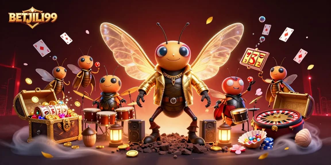 BETJILI99 showcases a vibrant casino scene with cartoon characters, slots, and explosive treasures.
