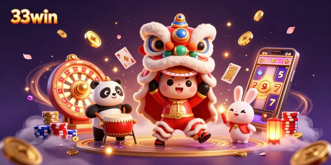 Spin to win with 33win's vibrant casino illustration showcasing dynamic elements and a festive atmosphere.