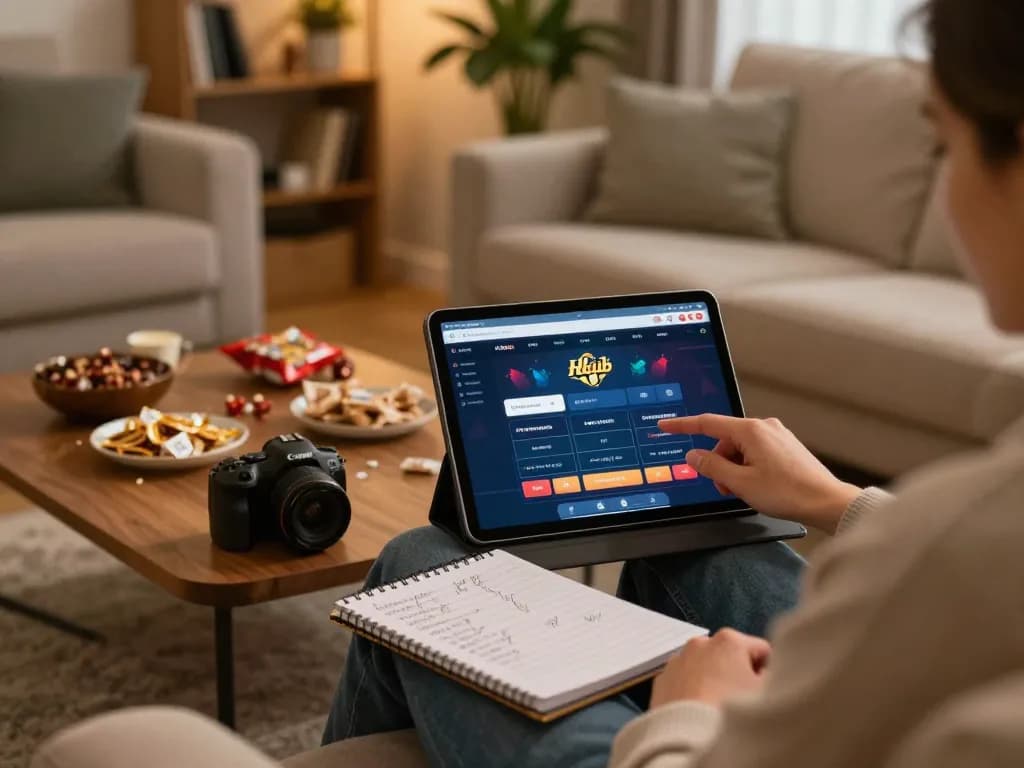 A player engaging with the hitclub gaming app on a tablet, showcasing a cozy gambling setup.