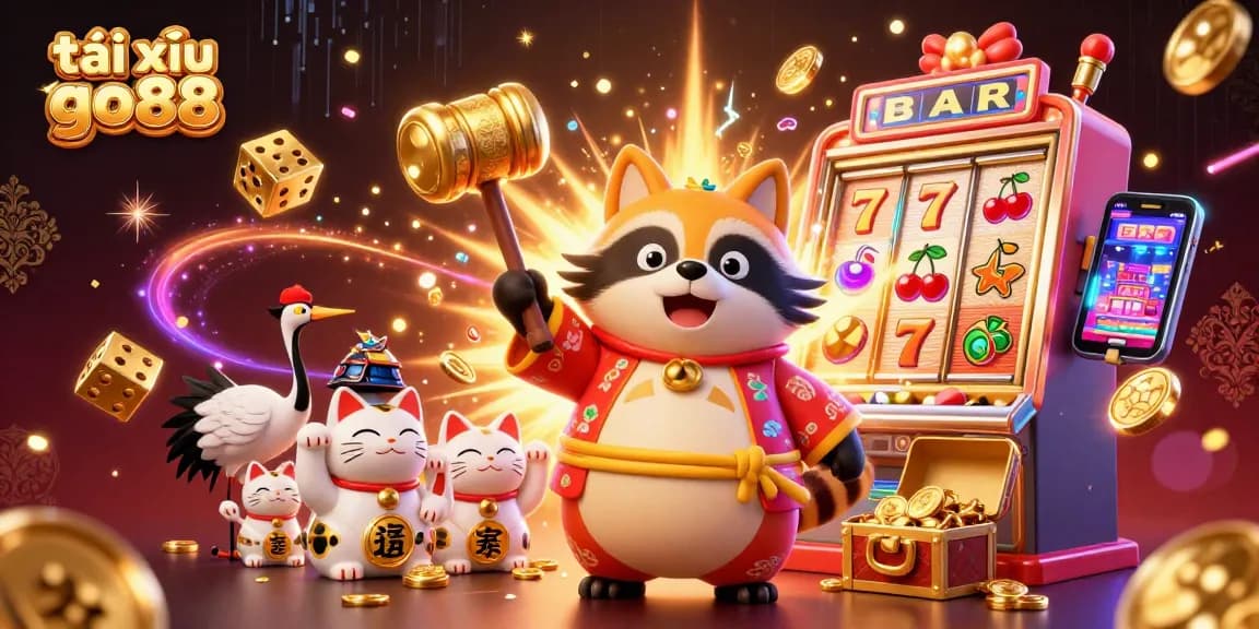 Engage in tài xỉu go88 action with a joyful tanuki and samurai crane amidst a jackpot celebration.