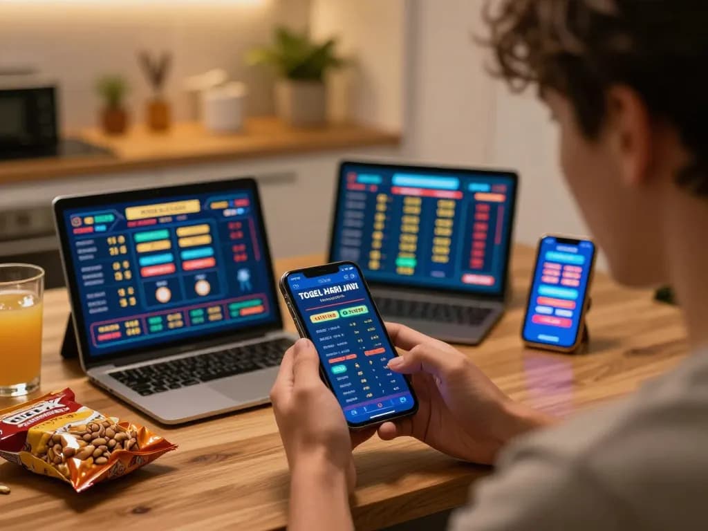 Togel hari ini results displayed on mobile app during an online betting session in a cozy kitchen setting