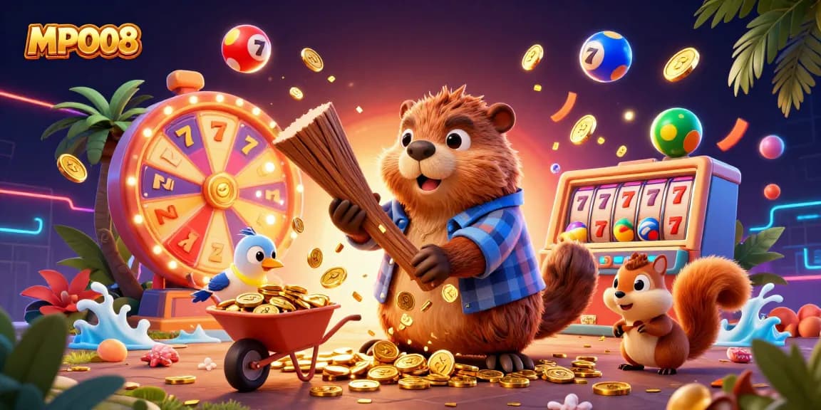 MPO08 features a whimsical beaver managing golden coin rain, enhancing gambling excitement with vibrant visuals.