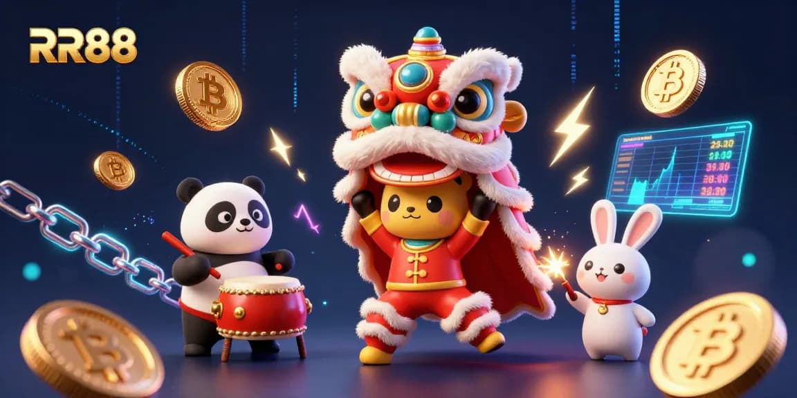 Experience RR88's vibrant casino world with a lively lion dance and crypto elements.