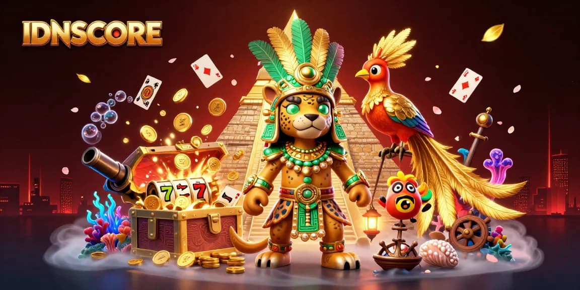 Engage with IDNSCORE's thrilling slot experience through vibrant 3D illustration, showcasing dynamic game elements.