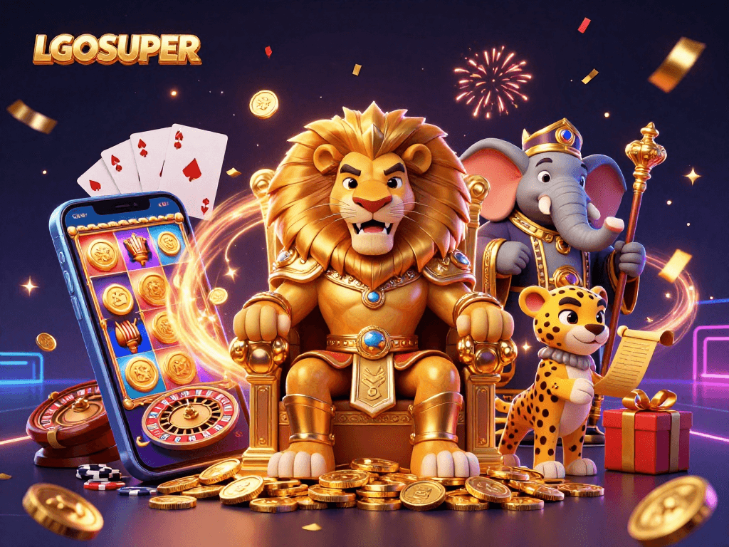 Engage with LGOSUPER's thrilling slot games featuring a regal lion king, vibrant gaming elements, and celebration effects.