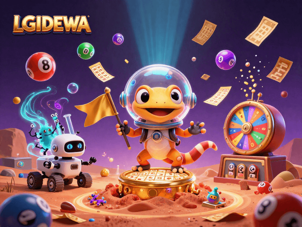 Engage with LGODEWA's vibrant 3D casino adventure featuring a Martian gecko and dynamic lottery elements.