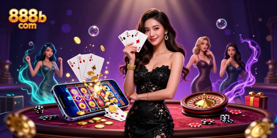 Play thrilling games at 888b com with an elegant casino scene featuring a stylish Asian woman and exciting gambling elements.