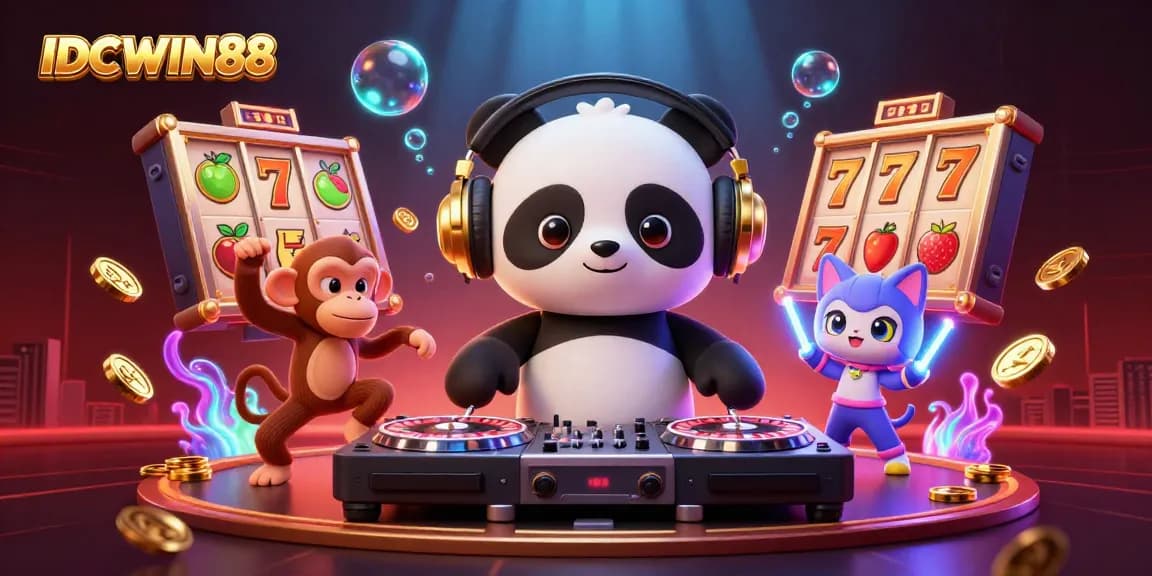 Experience dynamic gameplay with IDCWIN88's vibrant 3D casino scene featuring engaging characters and slot reels.