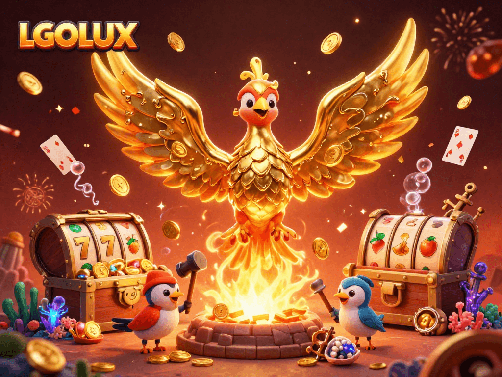 Experience thrilling wins with LGOLUX as a golden phoenix emerges from riches in a vibrant casino scene.