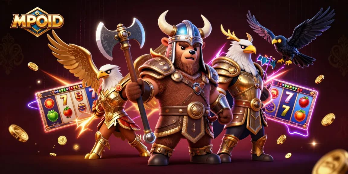 Experience thrilling action with MPOID's innovative slot games, showcased by a Viking berserker and a Valkyrie.