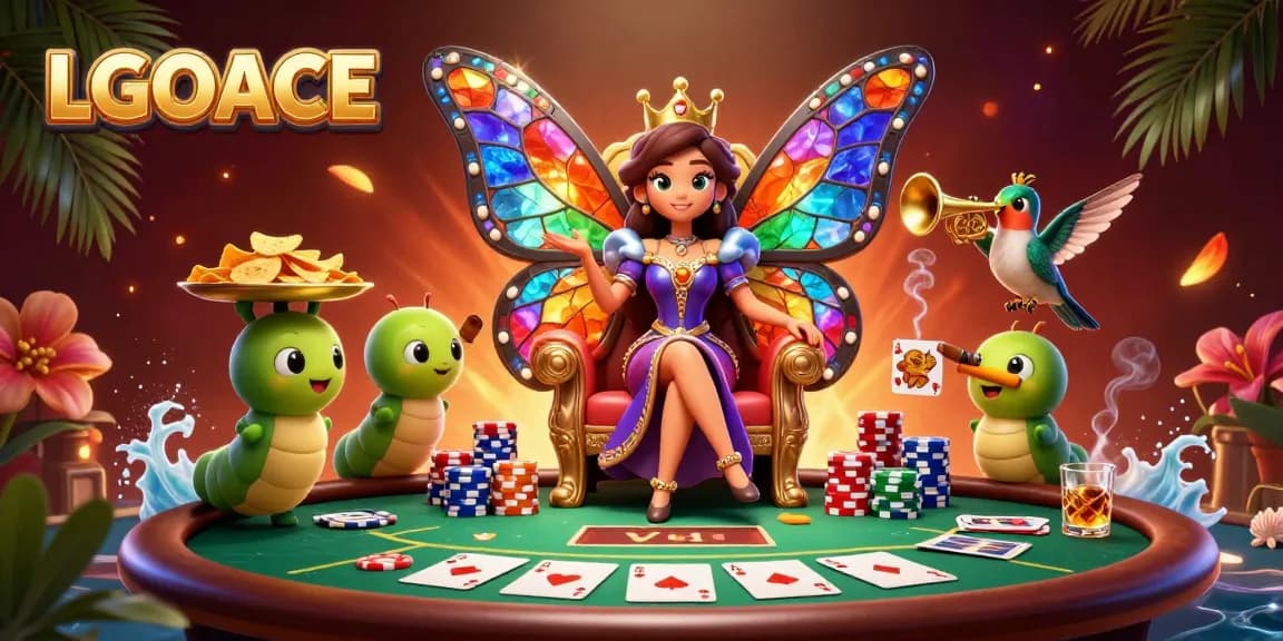 LGOACE showcases a vibrant casino scene featuring a butterfly queen on her throne amidst poker chips and an engaging atmosphere.