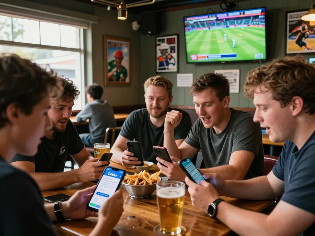 Group enjoying cricket betting with Crickex app download on smartphone, capturing vibrant sports bar atmosphere.