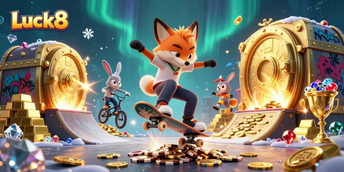 Luck8 enhances your gaming with vibrant casino-themed 3D artwork featuring dynamic characters in action.