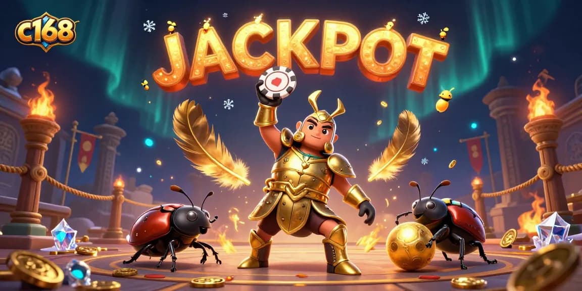 Roll the dice with c168 as a golden armored beetle celebrates a big win amidst vibrant casino elements.