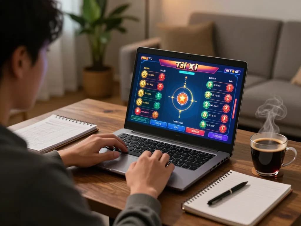 TaiXiuOnline8 gaming setup showing a player strategizing while playing online Tài Xỉu