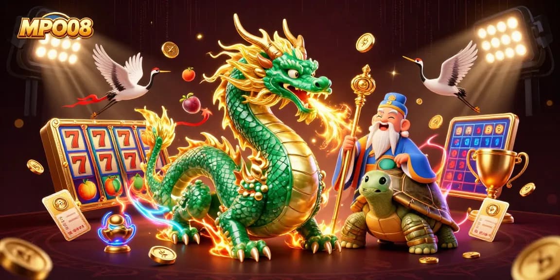 MPO08 engages players with a vibrant 3D scene featuring a dragon, turtle sage, and animated gaming elements.