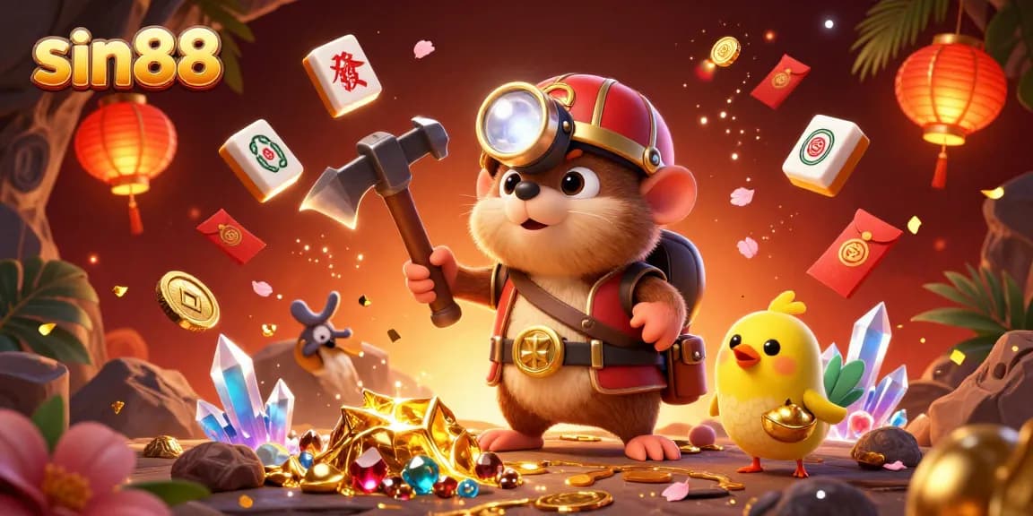 Win big with sin88 in a vibrant 3D casino-themed digital illustration filled with treasures and game elements.