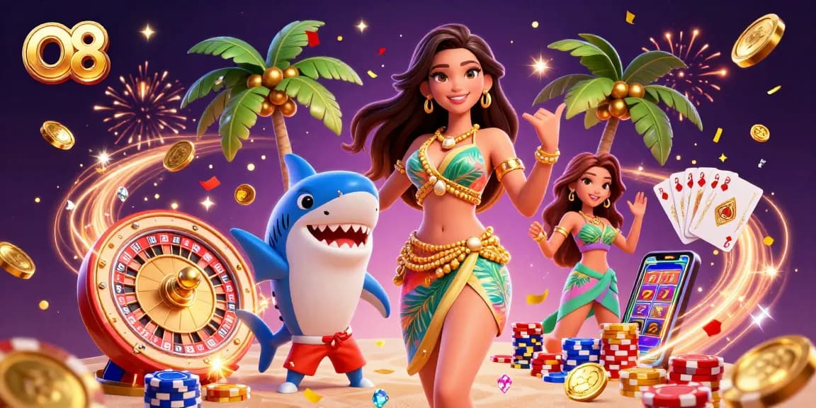 Play exciting casino games at O8, featuring vibrant jackpots, golden coins, and a lively beach atmosphere.