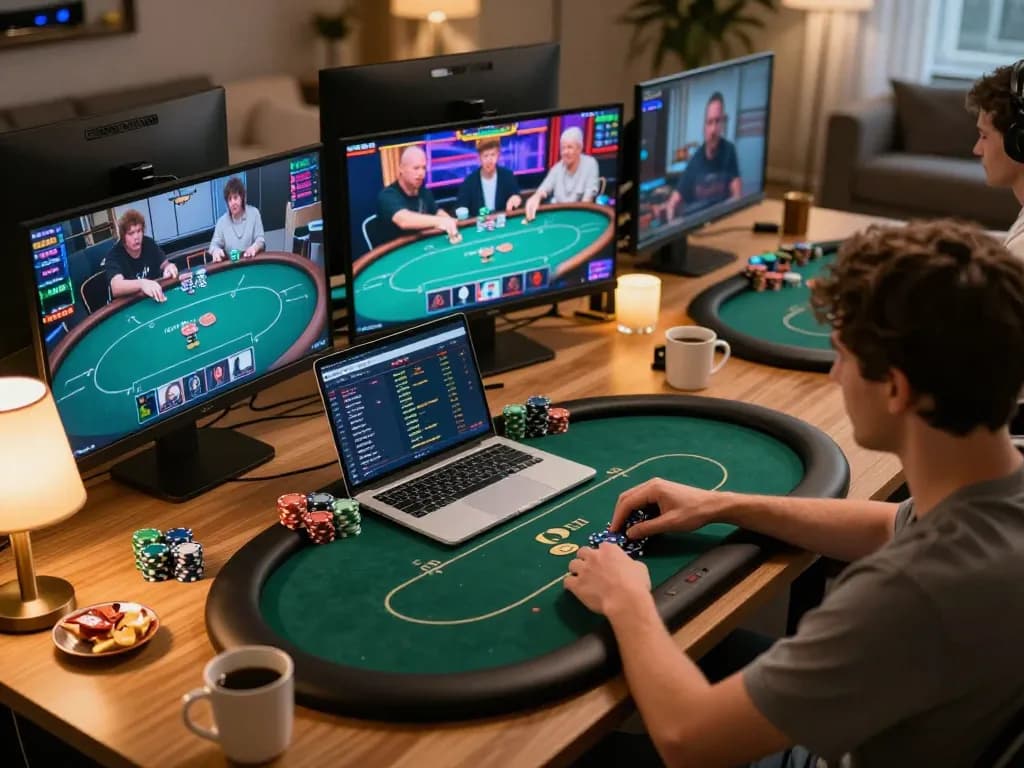 Engaged player at a maxpoker88 online poker game, showcasing home gaming setup with screens and chips.
