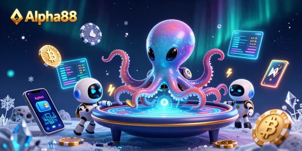 Engage with Alpha88 in this vibrant casino scene featuring an octopus and a robot at a poker table.