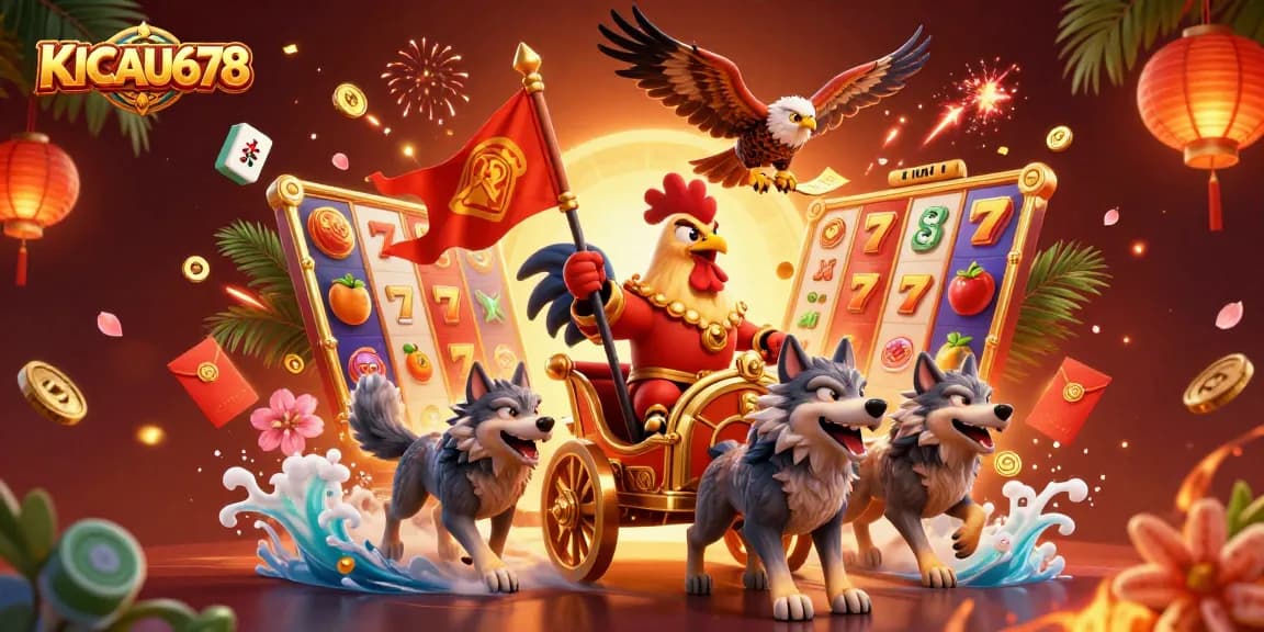 KICAU678 engaging gaming scene with a rooster warlord in a golden chariot, celebrating wins with vibrant slot symbols.