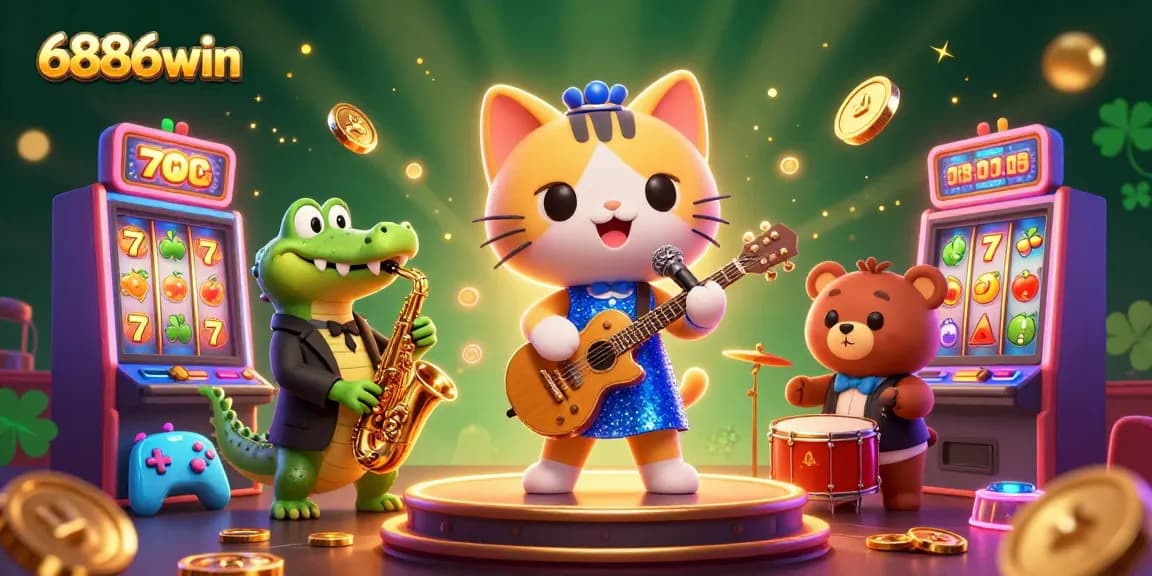 Experience the thrilling world of 6886win with a lively jazz scene showcasing unique casino characters and vibrant gaming elements.